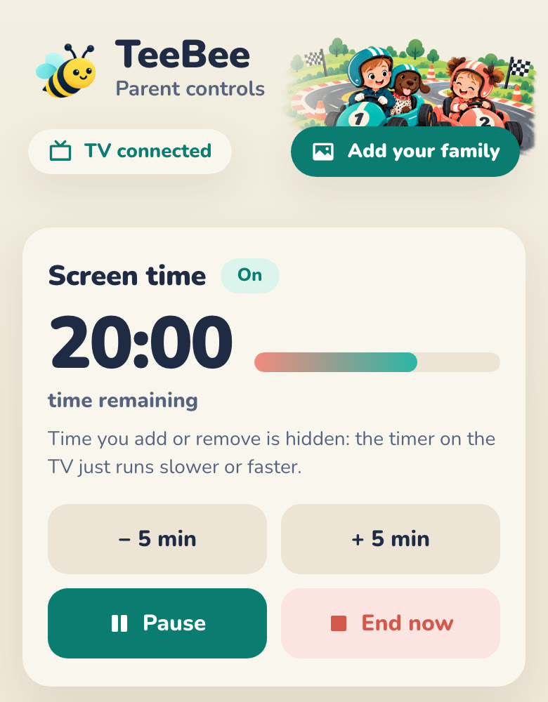 TeeBee on a phone: 20 minutes left, with buttons to add or remove time, pause, or end now