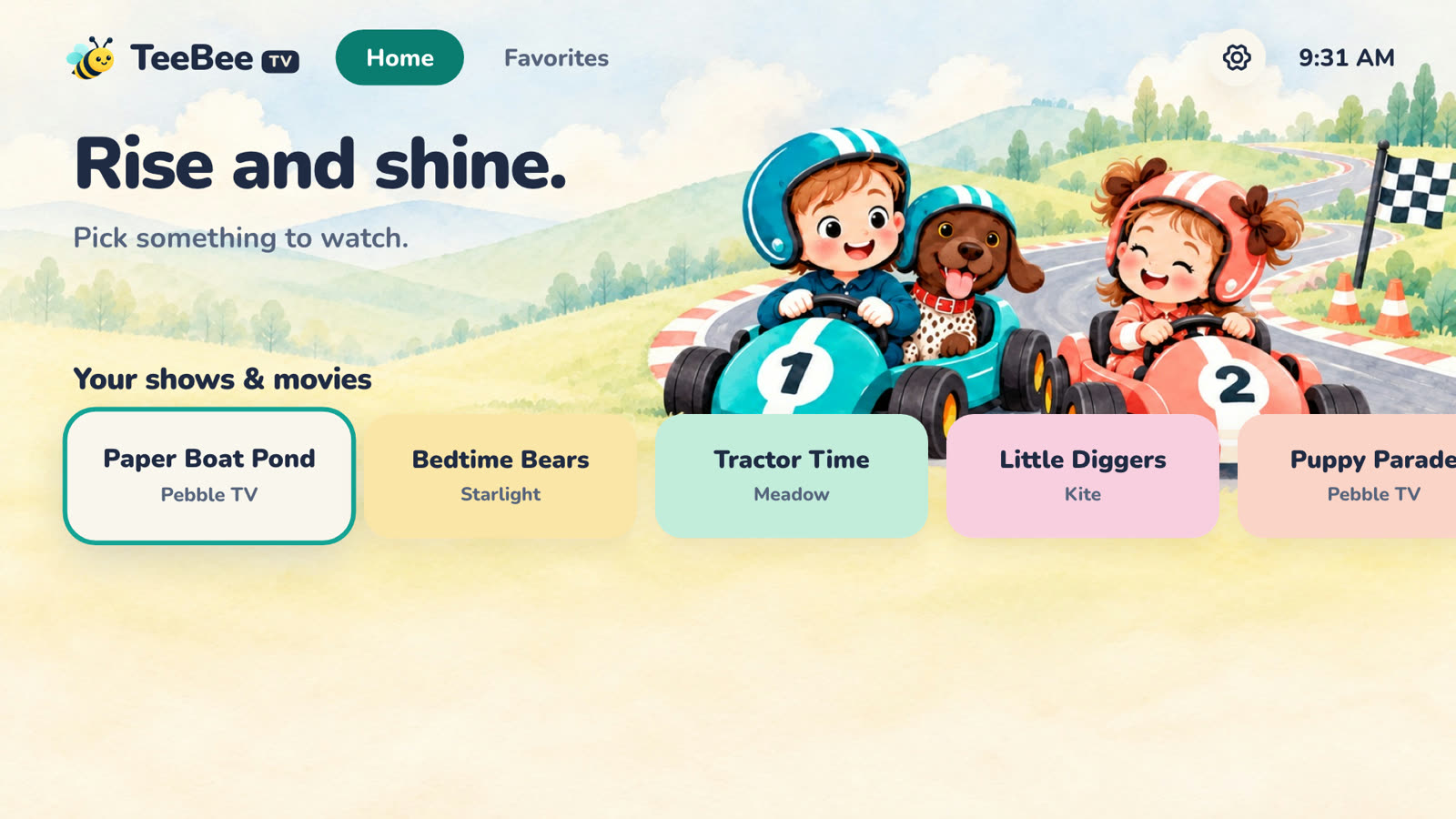TeeBee's TV home screen: a big friendly greeting, a cartoon race track, and a short row of shows a parent picked