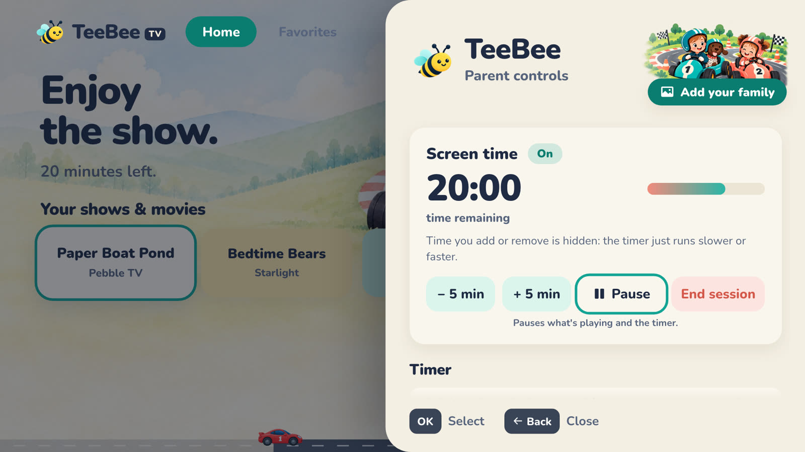 TeeBee's parent controls on the TV: screen time left, buttons to add time, pause or end, and settings